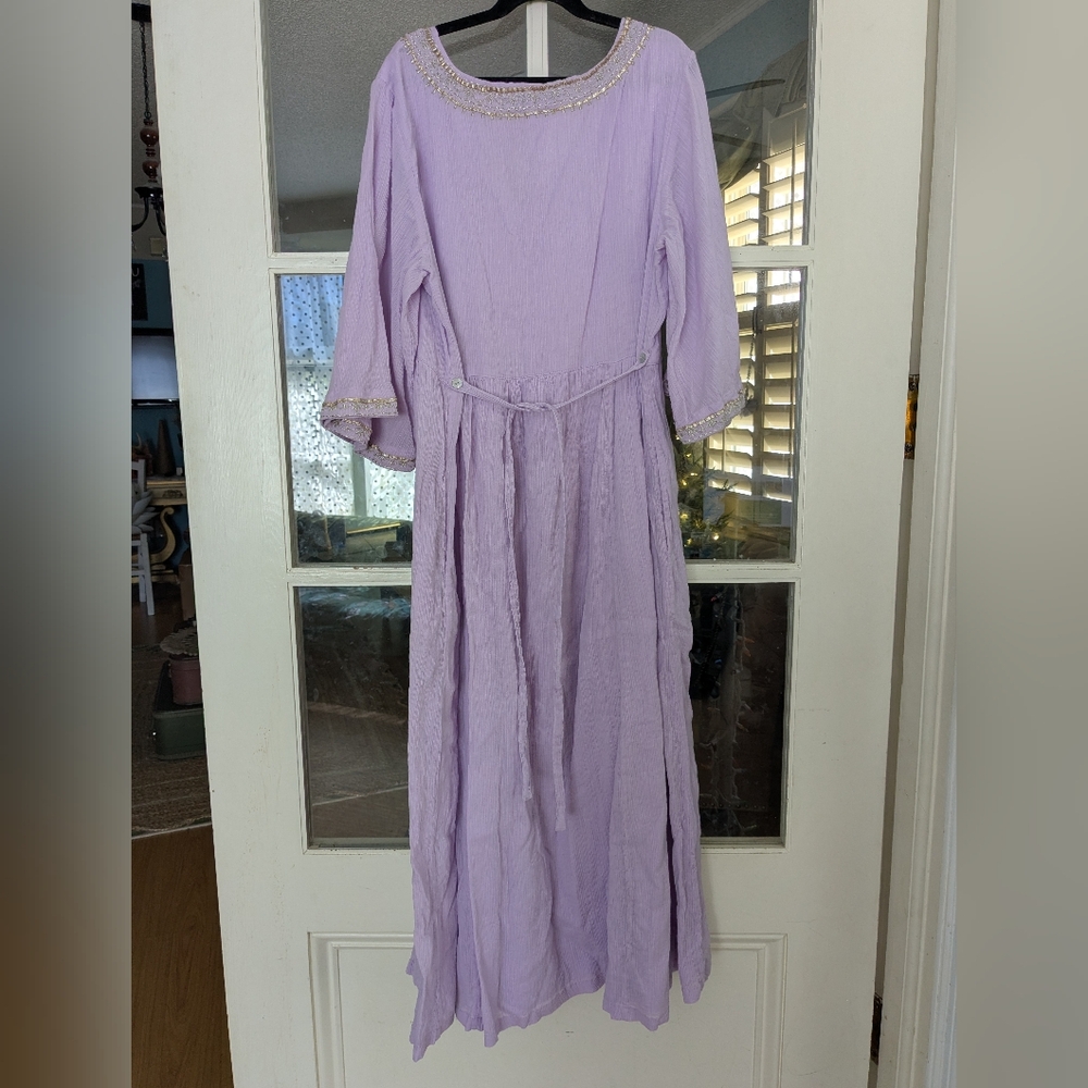 April Cornell Lavender V Neck Cotton Maxi Dress With Gold Embroidery Size Small - Picture 5 of 7